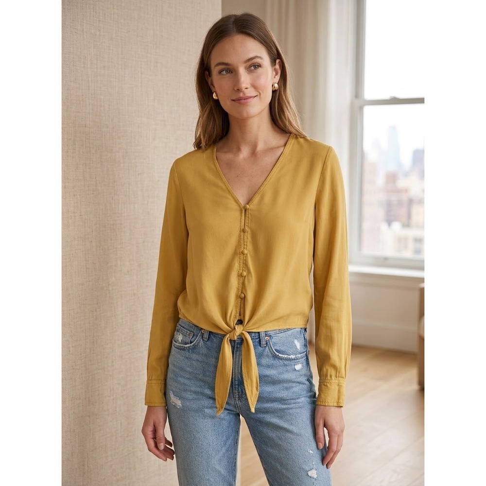 Tie Front V-Neck C&C California Mustard Lyocell Blouse Size XS Extra Small